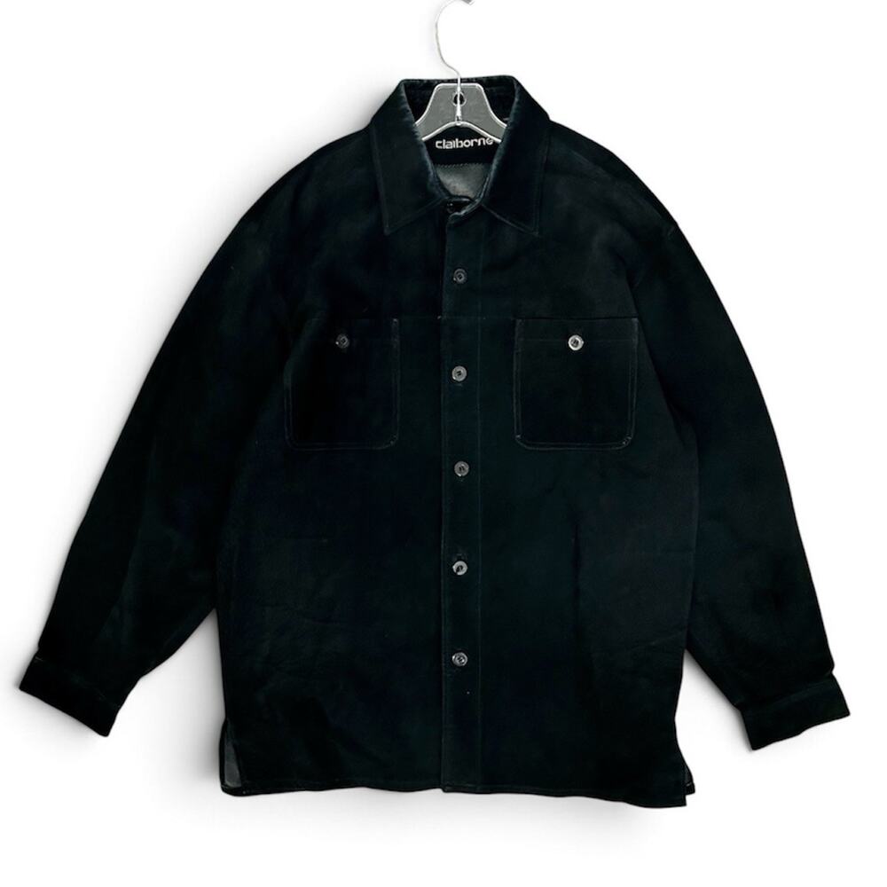 Vintage Claiborne Black Leather Shirt Jacket Mens Large 90s Minimalist Shacket